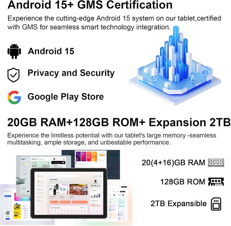 CUPEISI Android 15 Tablet 10 Inch, 20GB RAM+128GB ROM/2TB Expandable, 2.0GHz Quad-core Processor, 1280*800 HD Screen, 5G WiFi6 BT 5.0, 2 in 1 Tablets with Keyboard Case Mouse Stylus, Widevine L1 Black - Image 5